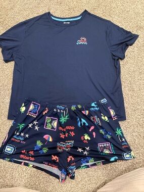 Women’s Navy Pajama Set with Tropical Print Shorts
